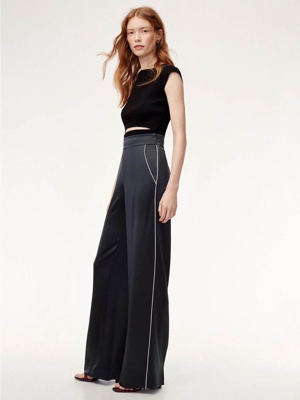 Aritzia Wilfred Silk Wide Leg Tuxedo Pants Size 6 Navy White Piping High Rise